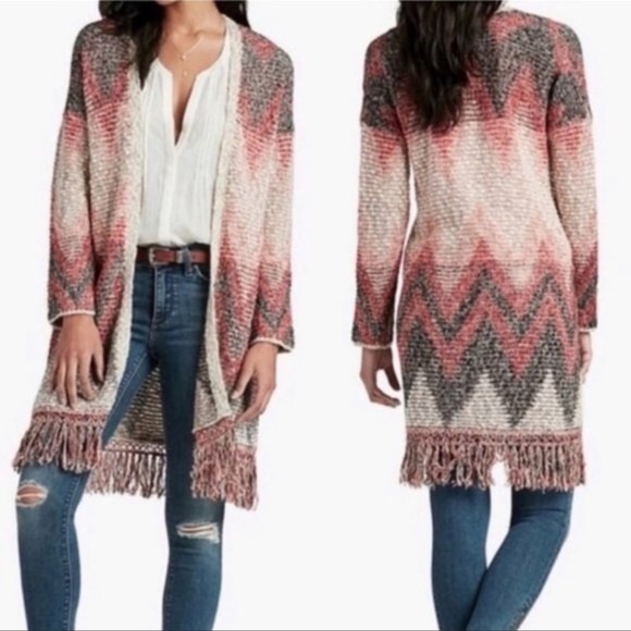 Lucky Brand Sweaters - LUCKY BRAND Chevron Fringe Long Open Cardigan in Medium